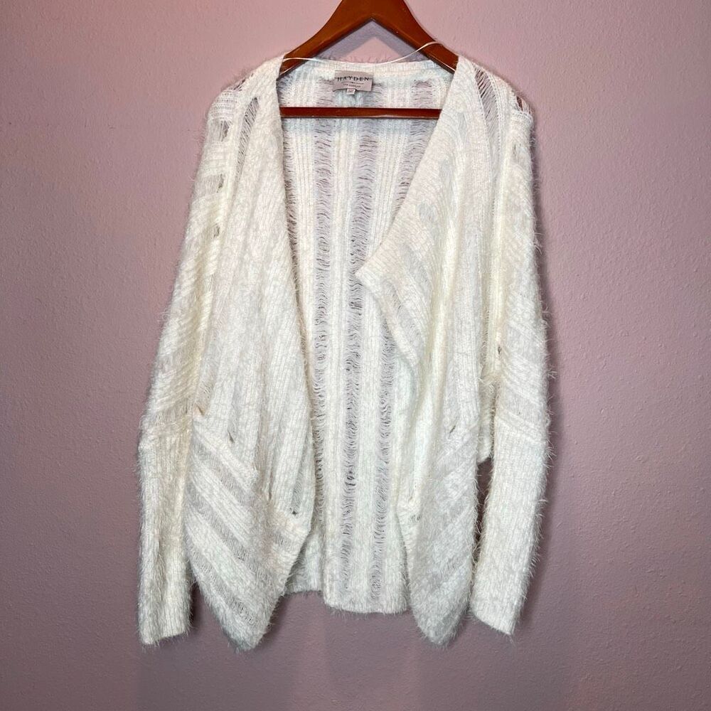 Hayden white fuzzy, textured cardigan sweater medium
